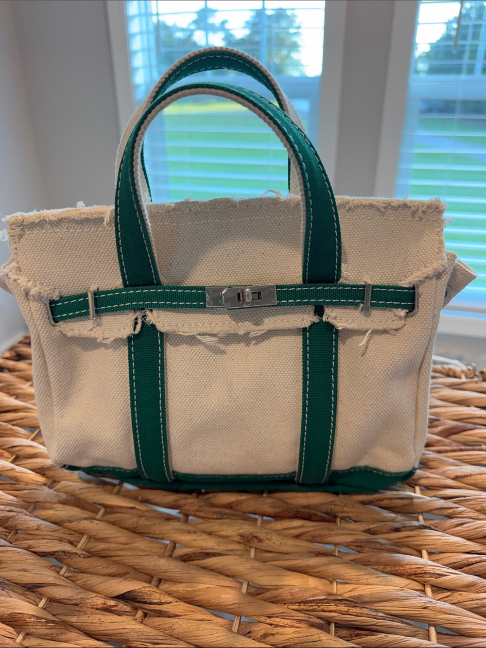 Cream Canvas Tote with Green Trim